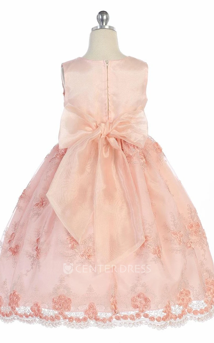 Floral Appliqued Tulle&Lace Flower Girl Dress With Ribbon