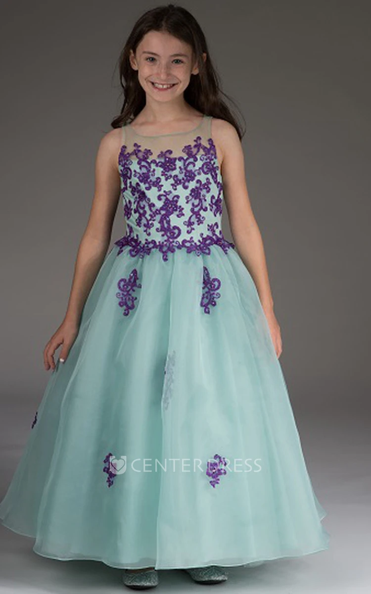 Flower Girl Illusion Neck Organza Ball Gown With Appliqued Bodice