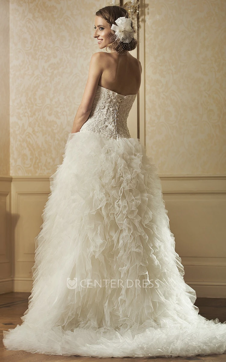 Ball Gown Strapless Rufflesd Maxi Sleeveless Tulle Wedding Dress With Beading And Appliques