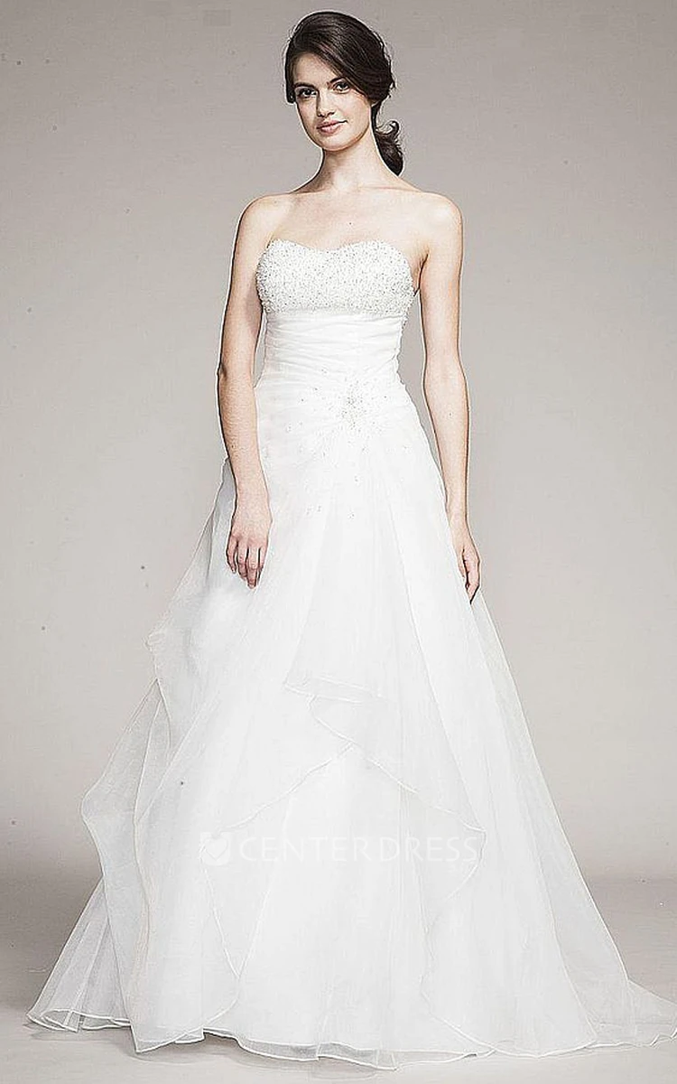 A-Line Sweetheart Maxi Ruched Organza Wedding Dress With Beading
