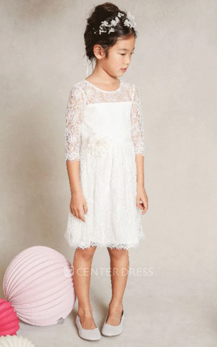 A-Line Floor-Length Half-Sleeve Scoop-Neck Lace Flower Girl Dress