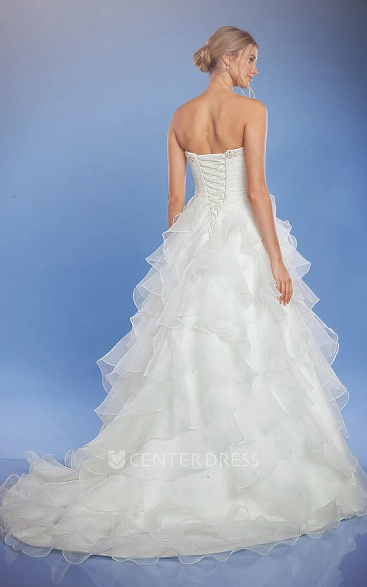 Long Sweetheart Criss-Cross Jeweled Organza Wedding Dress