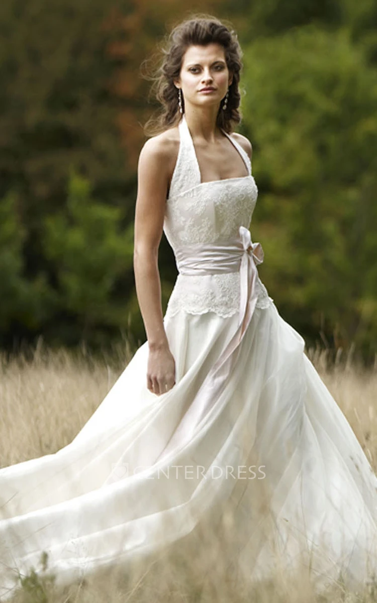 Maxi Halter Appliqued Chiffon Wedding Dress With Sweep Train