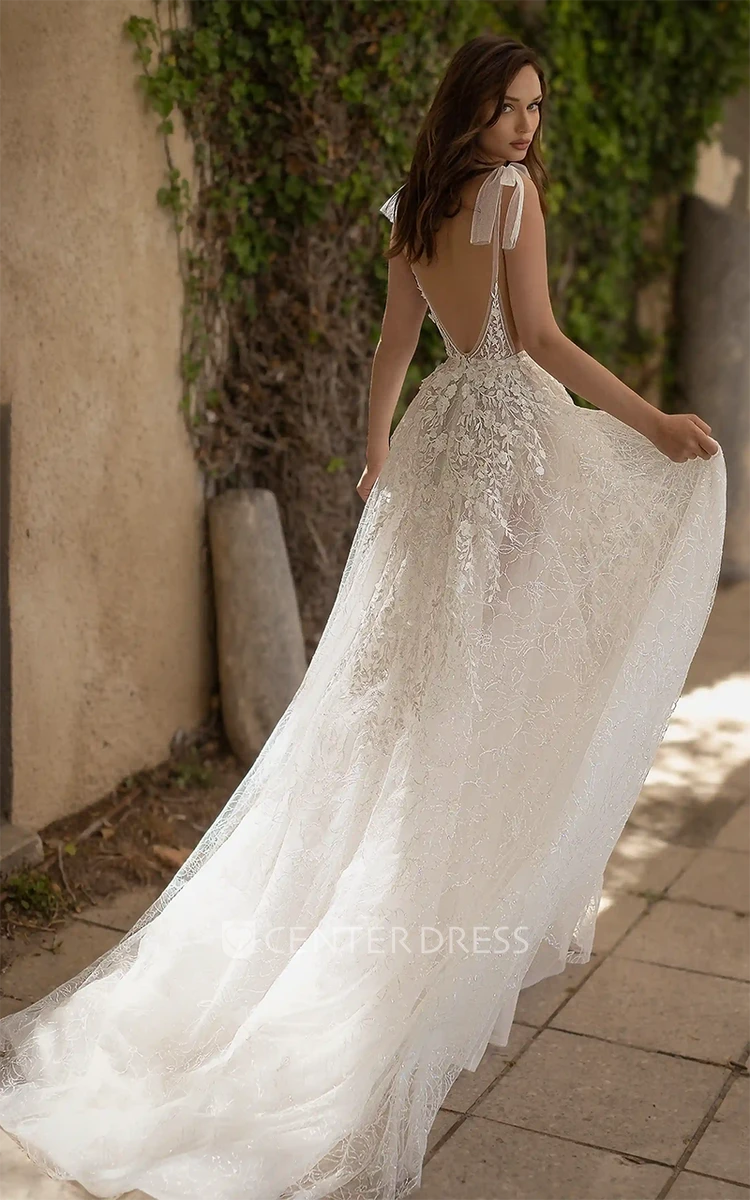 Bohemian Lace A-Line Wedding Dress with Plunging Neckline and Open Back Lace A-Line Bohemian Plunging Neckline Open Back Wedding Dress