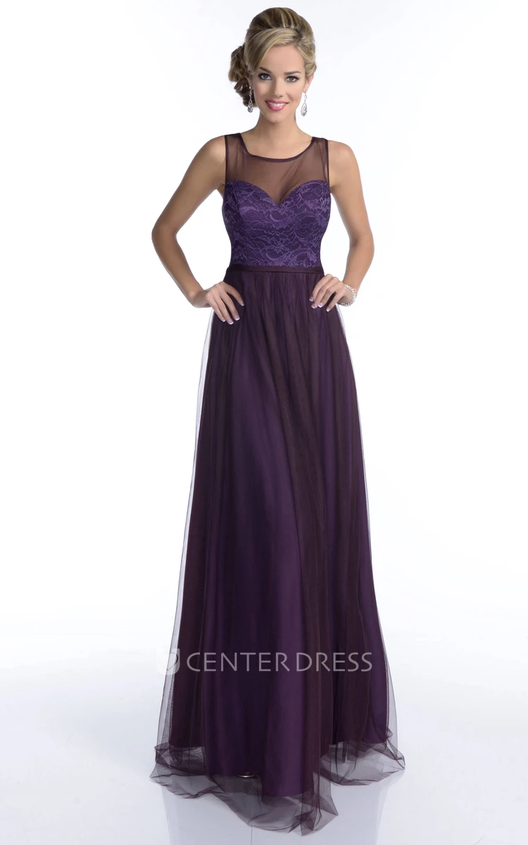 Square Neckline Sleeveless A-Line Tulle Bridesmaid Dress With Illusion Back