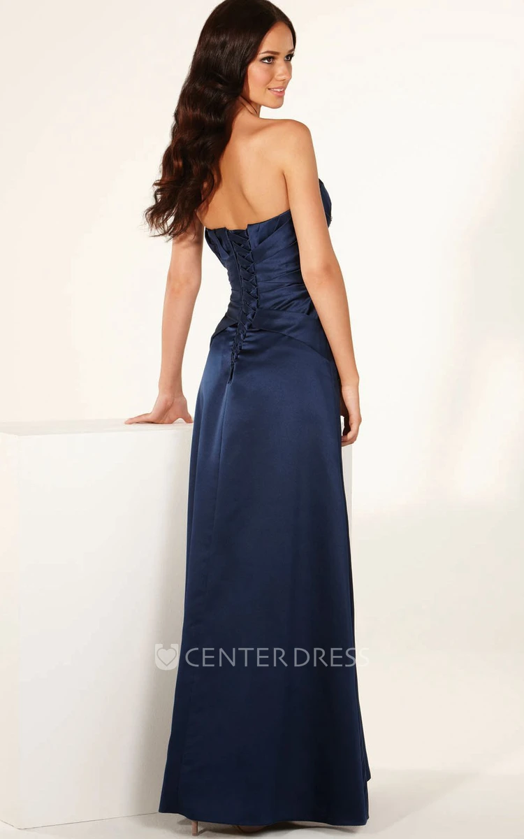 A-Line Floor-Length Jeweled Strapless Sleeveless Satin Bridesmaid Dress With Ruching
