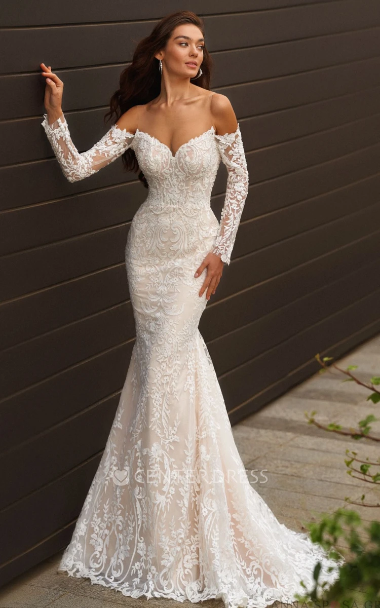 Lace Illusion Sleeve Mermaid Beach Wedding Dress with Off-Shoulder V-Neck and Appliques