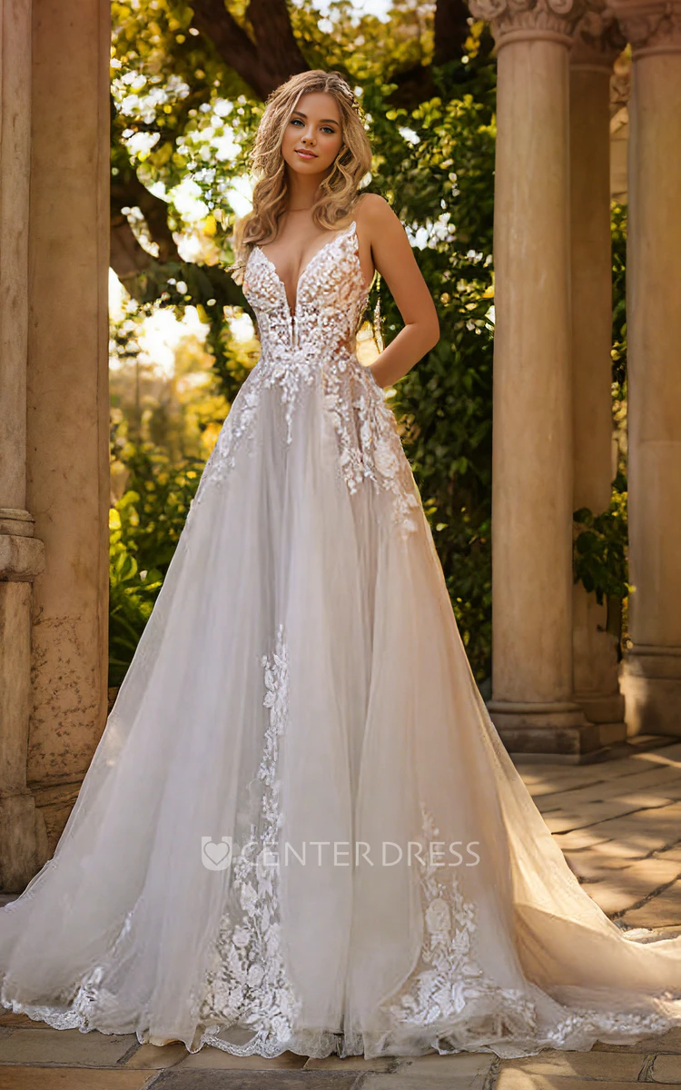 Sexy Romantic Spaghetti Plunging Neckline A-Line Lace Flowers Tulle Wedding Dress Elegant Ethereal Sleeveless Floor-length Deep-V Back Garden Bridal Gown with Train