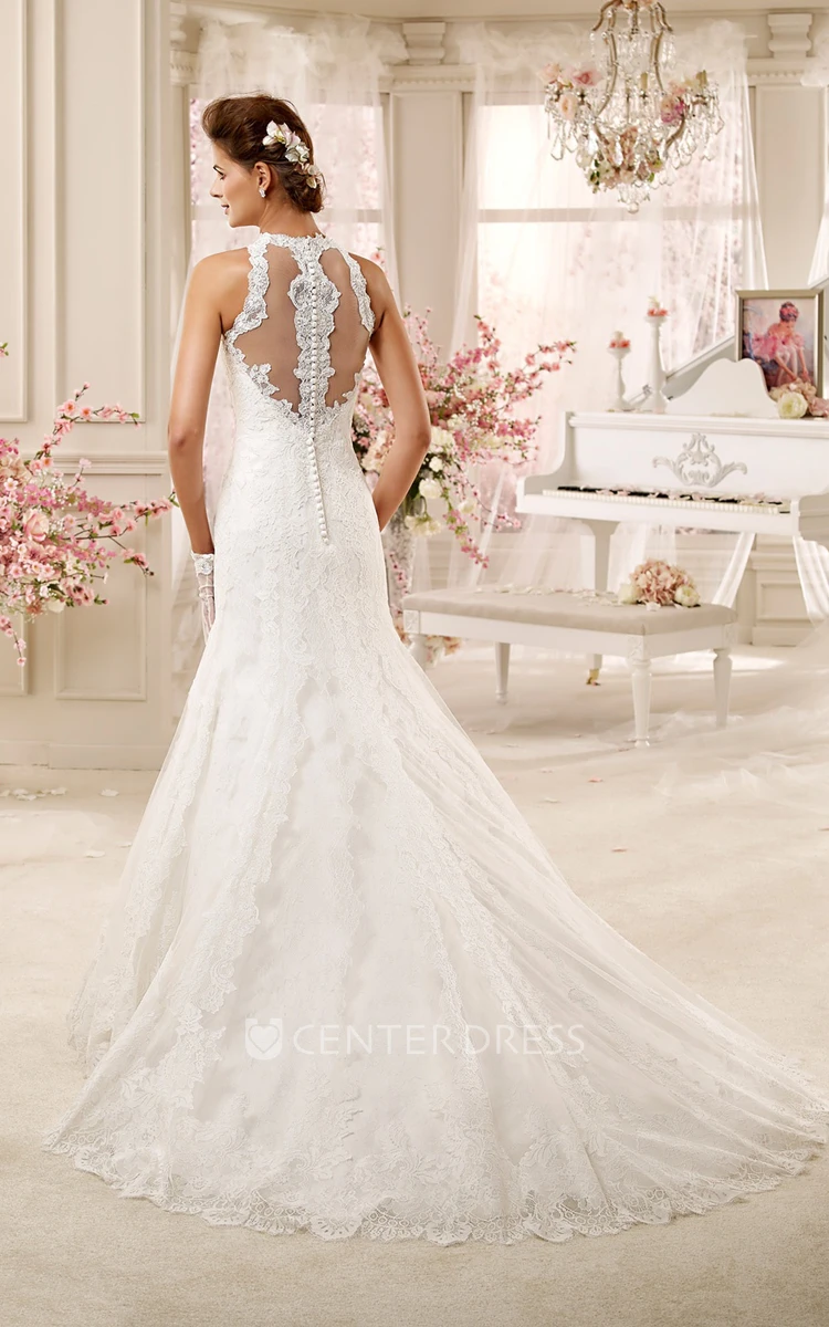 High-Neck Mermaid Lace Wedding Dress With Illusive Lace Neck And Back