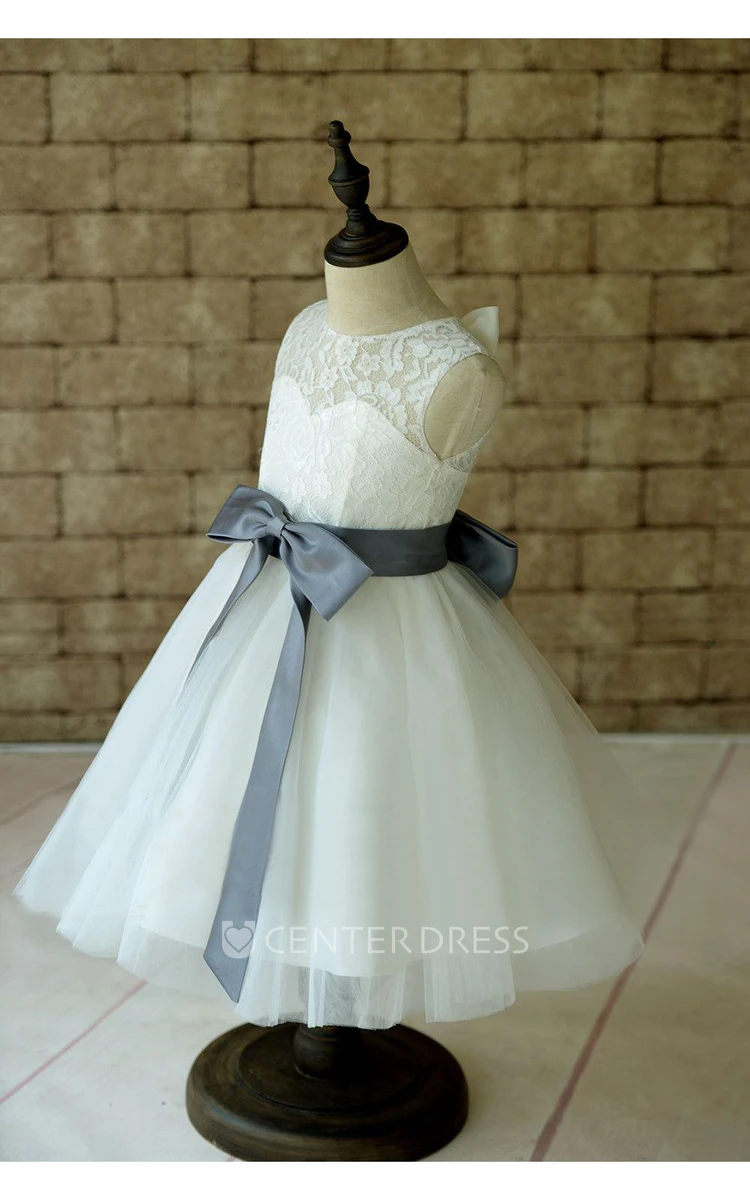 Ivory Lace Tulle Flower Girl Dress With Gray Sash and Bow