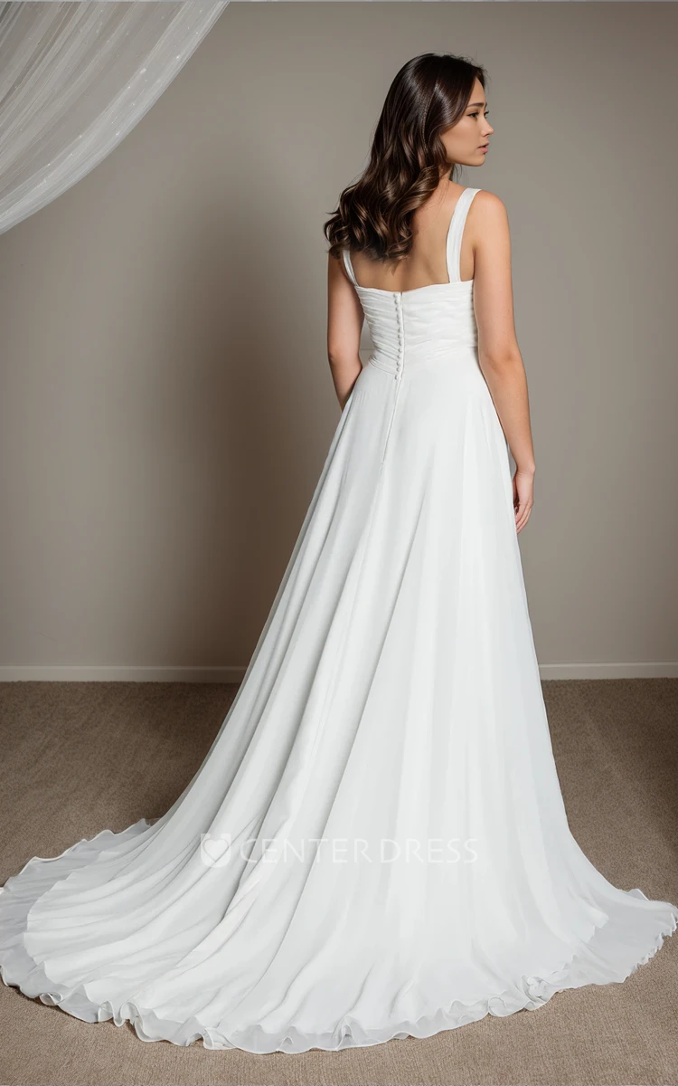 Elegant Solid Chiffon Sleeveless Straps A-Line Ruching Sweetheart Neckline Wedding Dress Sexy Simple Beach Floor-length Court Train Backless Button Zipper Back Bridal Gown