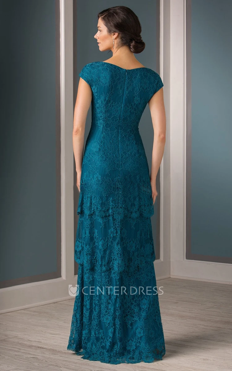 Cap-Sleeved V-Neck Tiered Lace Mother Of The Bride Dress With Pleats