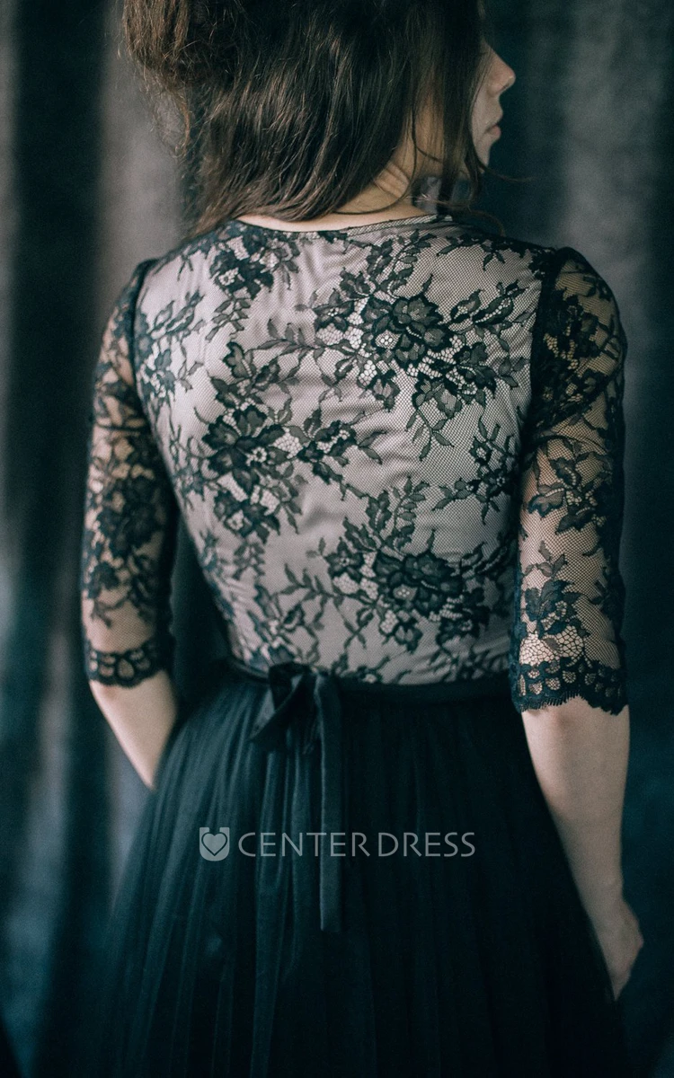 Sheath Long Sleeve Floor-length V-neck Illusion Low-V Back Lace Black Wedding Dress
