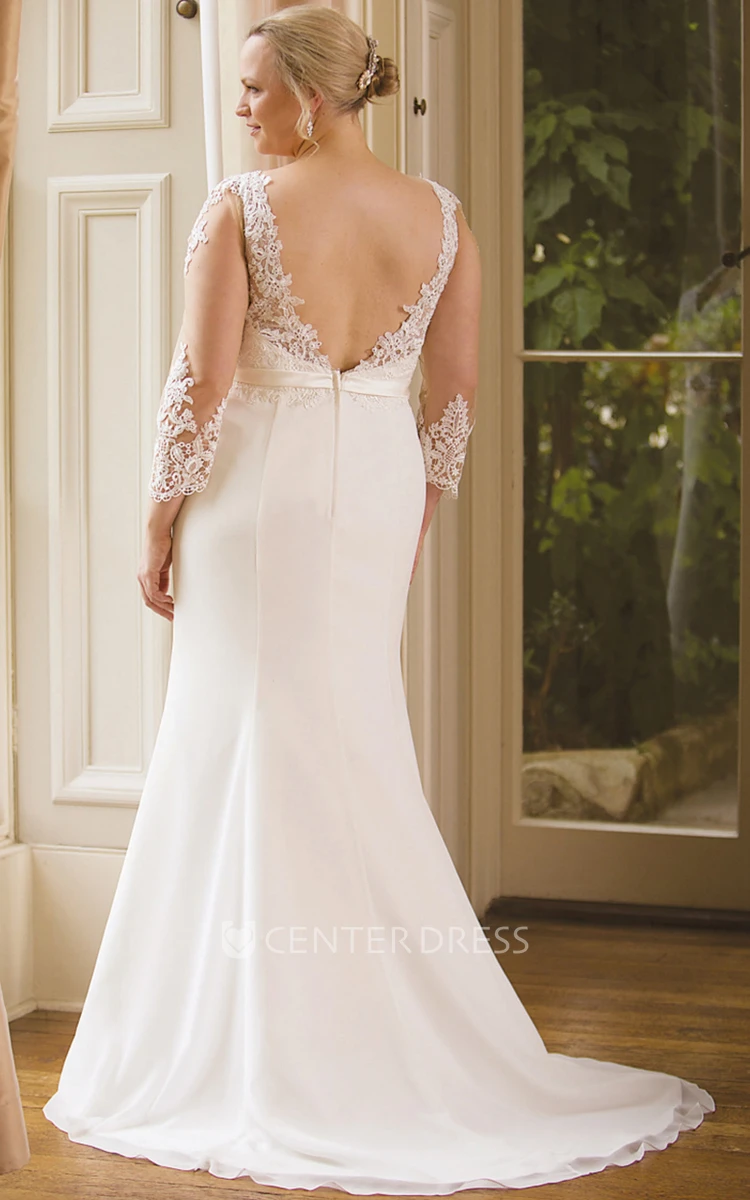Sheath Long-Sleeve V-Neck Jeweled Chiffon Plus Size Wedding Dress